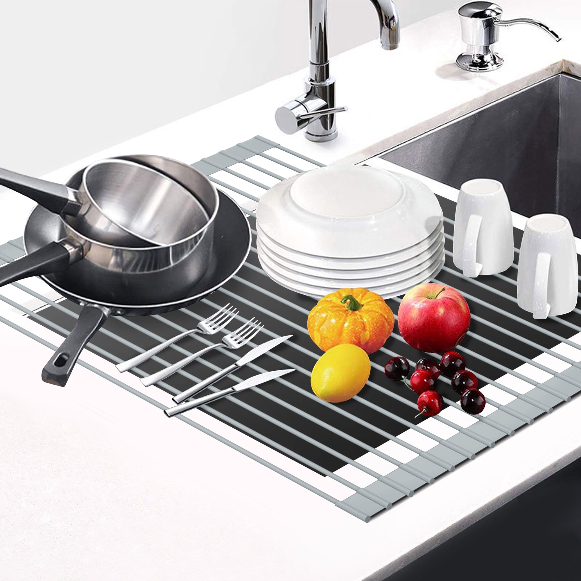 1pc Foldable Sink Dish Drying Mat, Simple Grey Stainless Steel Dish  Draining Rack For Kitchen