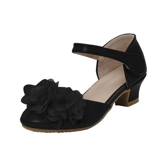 BOBOGOJP Girls' Flats Girls High Heels Little Girls Hollow Round Toe Thick Heels Silk Flower Princess Shoes Children's Dance Performance Shoes Black for 12.5