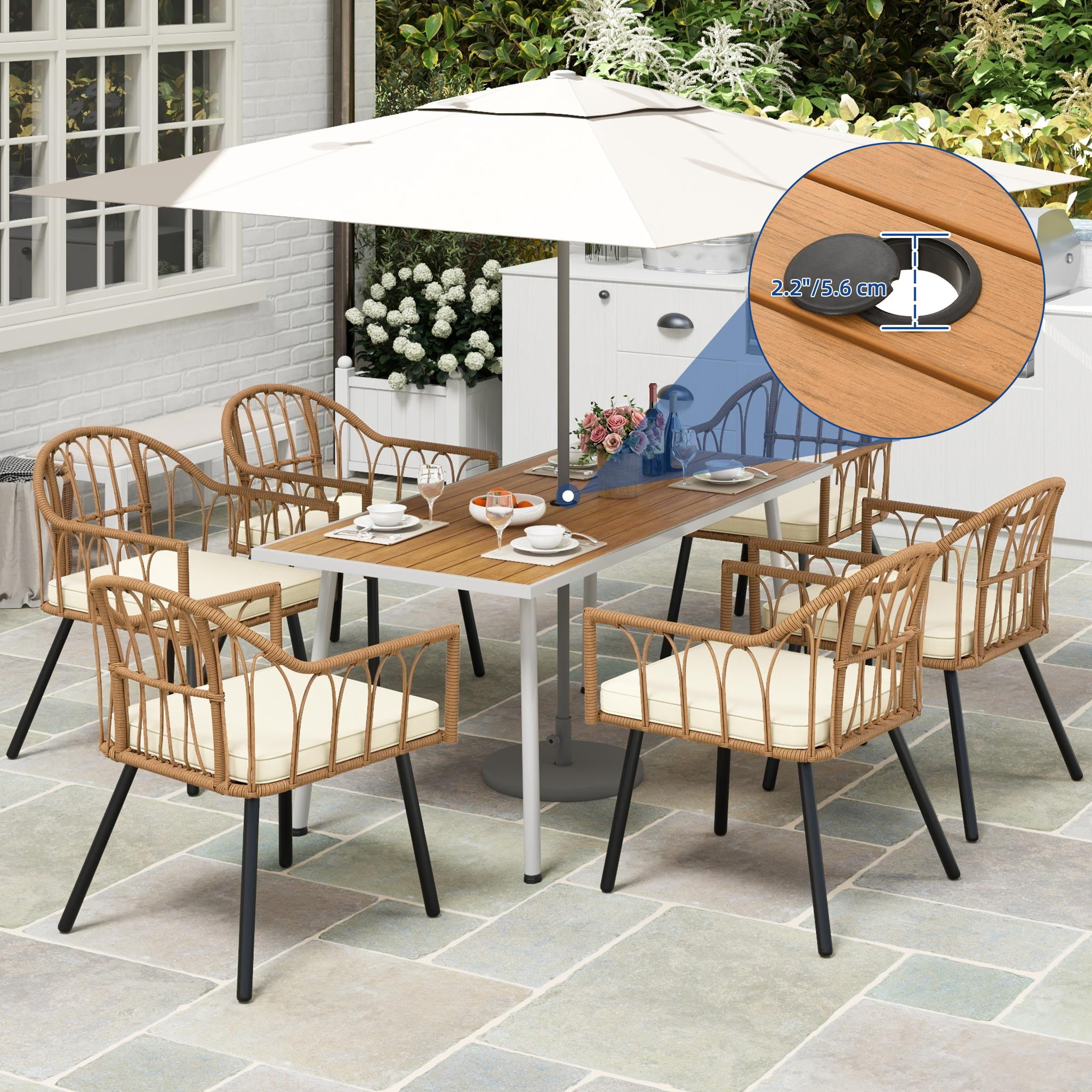 Uforic 7 Pieces Outdoor Patio Dining Table Set, 6 Rattan Wicker Dining Chair and Rectangular Dining Table with Umbrella Hole for Garden, Lawn,Patios, Backyard