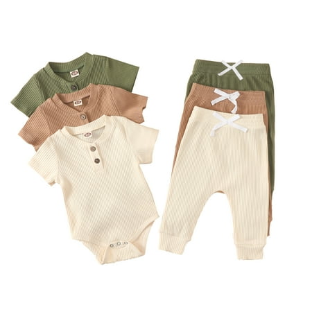 

Musuos 2Pcs Baby Boys Girls Outfit Toddlers Summer Autumn Solid Color Front Button Short Sleeve Romper + Long Trousers Set