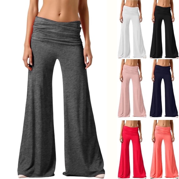 Teyfeniy Womens Flare Leggings Fold over Yoga Pants Wide Leg Baggy Loose Casual Pants Yoga Pilate Comfy Solid Color Soft Elastic Waist Fashion Pants
