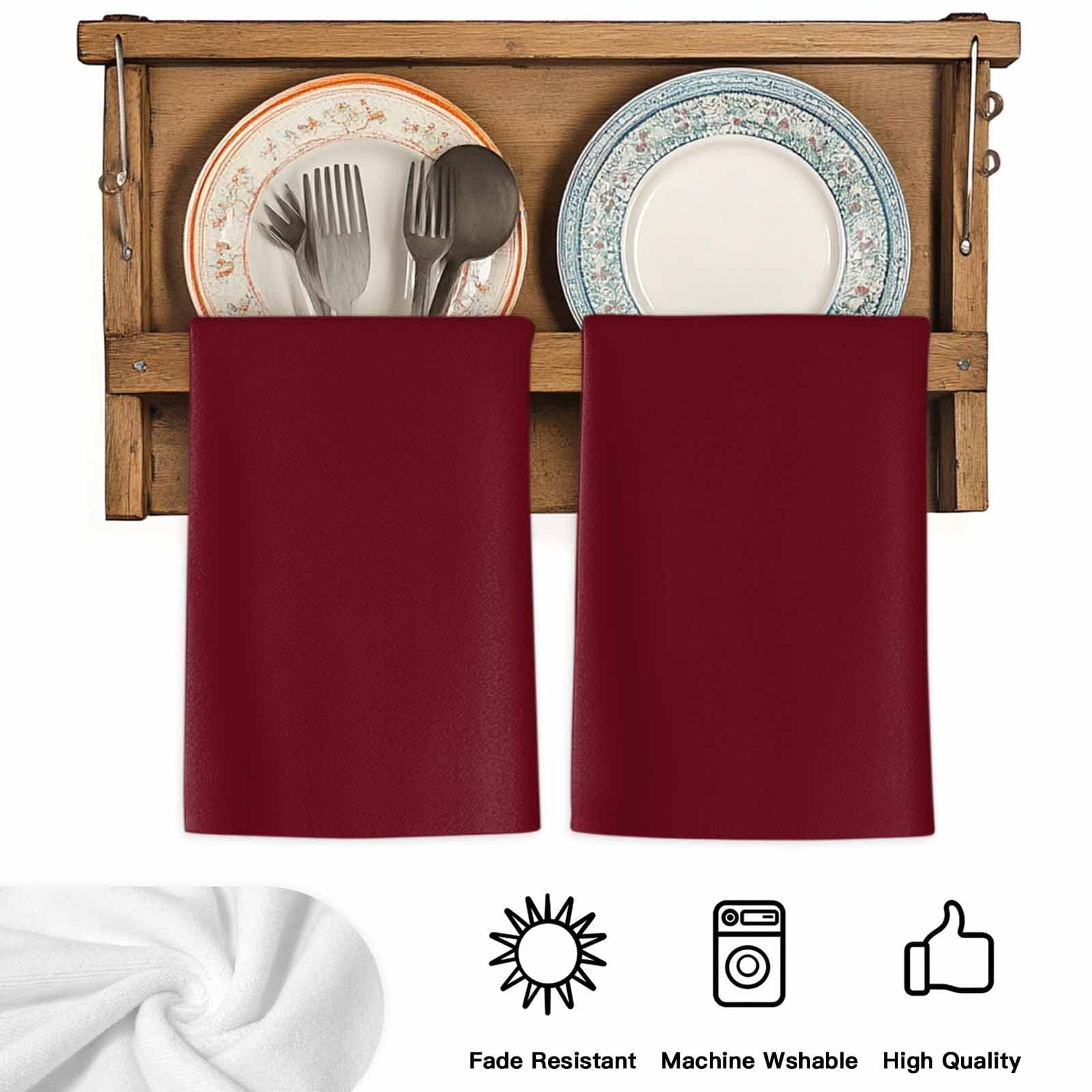 Pure Red Wine Kitchen Towels Set of 2, Simple Solid Color Absorbent Dish Towels for Kitchen, Microfiber Hand Towel, Quick Drying Tea Towel for Cleaning Decorative Dishcloths