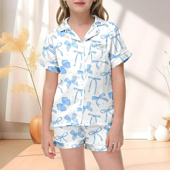 Bow Print Set For Kids Girl'S Bow Loose Comfortable Short Sleeve Set Set Sweet Ribbon Cozy Outfit Sets Blue 120(4-5 Years)