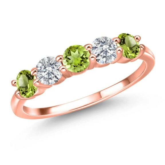 Gem Stone King 18K Rose Gold Plated Silver Green Peridot and E - F Lab Grown Diamond Wedding-Bands Ring for Women | 1.44 Cttw | Round 4MM | Gemstone August Birthstone | Size 5