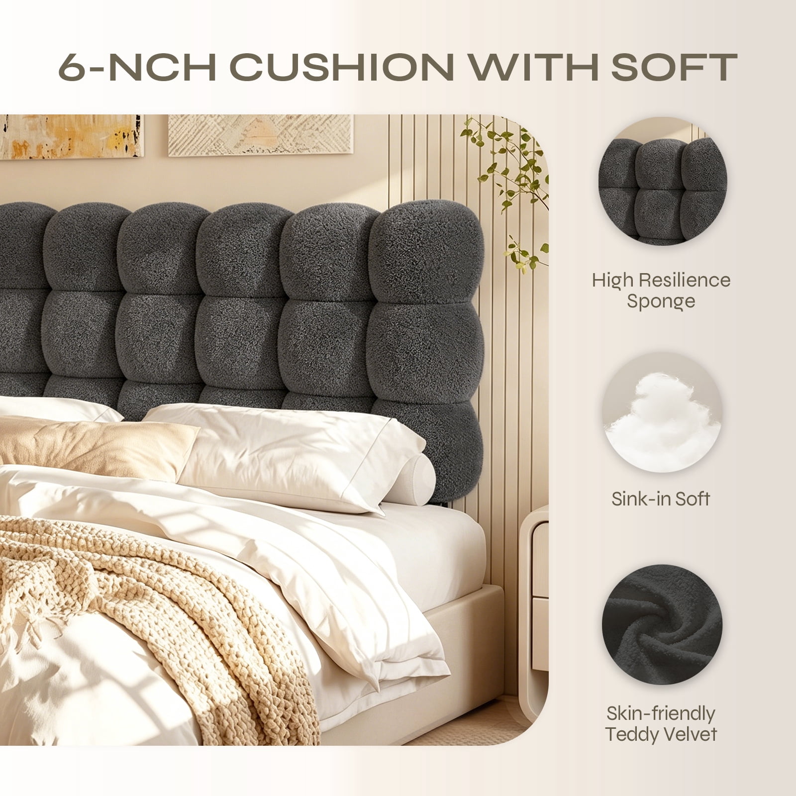 Pinmoco Queen Size Upholstered Headboard with Adjustable Height, Memory Foam Cloud-Shaped Ergonomic Design, Teddy Fleece Gray