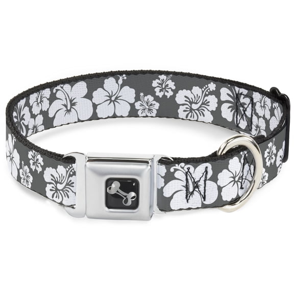 Buckle-Down Pet Collar, Dog Collar Metal Seatbelt Buckle, Hibiscus Gray White, 9.5 to 13 Inches 1.0 Inch Wide