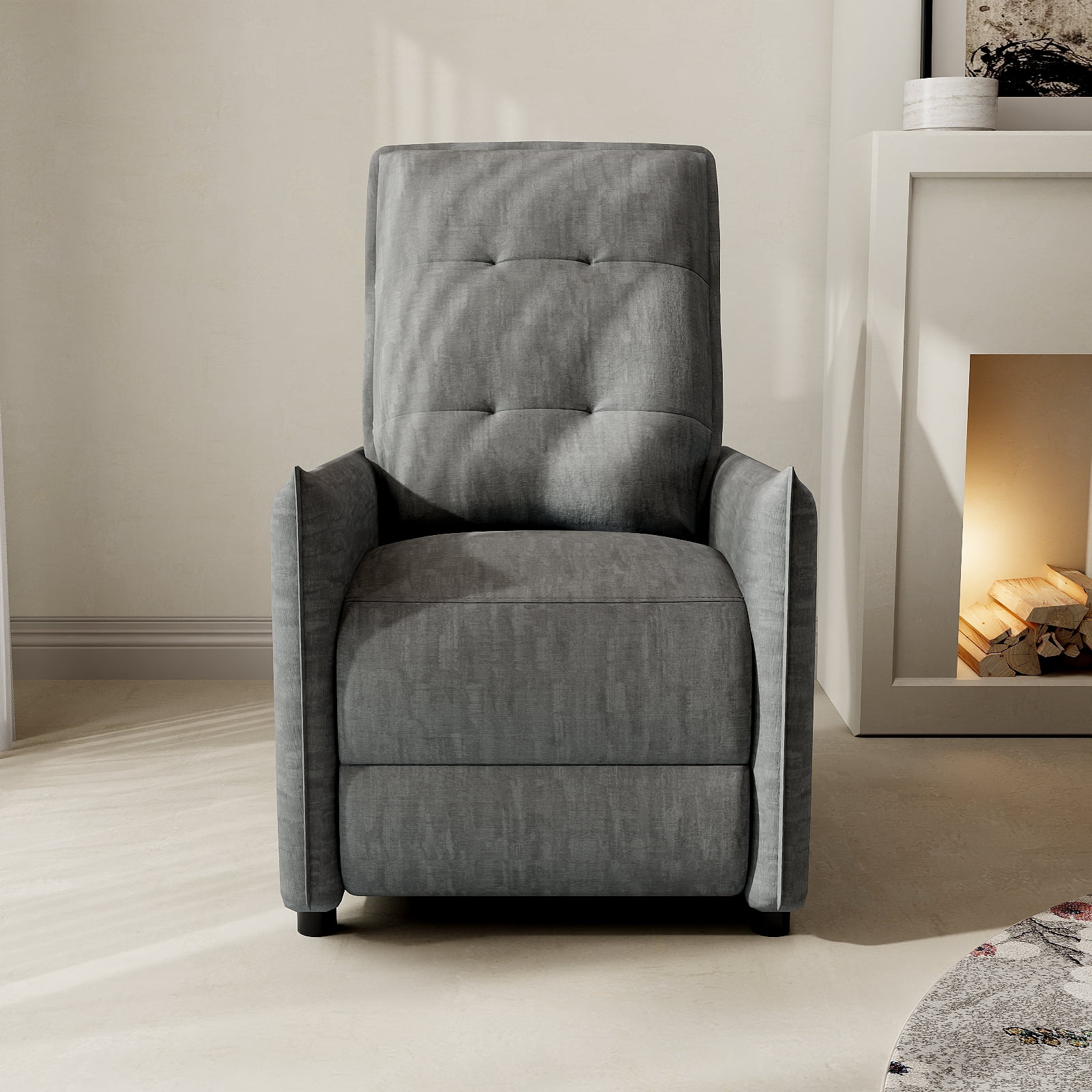 Chenille Fabric Recliner Chair with Manual Push Back Recline, Overstuffed High-Density Foam & Metal Frame, Adjustable Footrest for Living Room, Gray