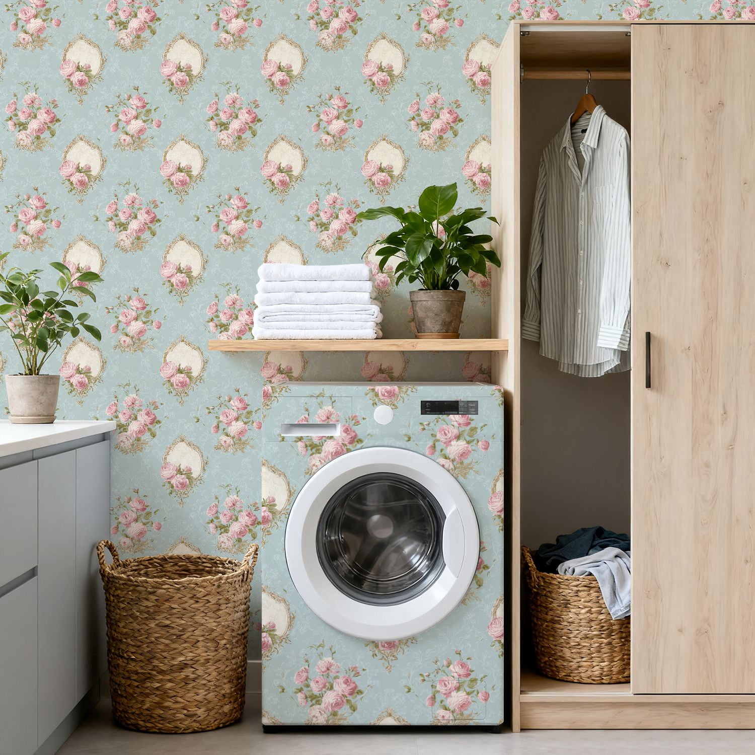 Peel and Stick Wallpaper Vintage Floral Pink Roses Soft Blue Wall Mural 17.7in x 9.8ft Self Adhesive Removable Wall Paper Renter Friendly Wallpaper for Bedroom