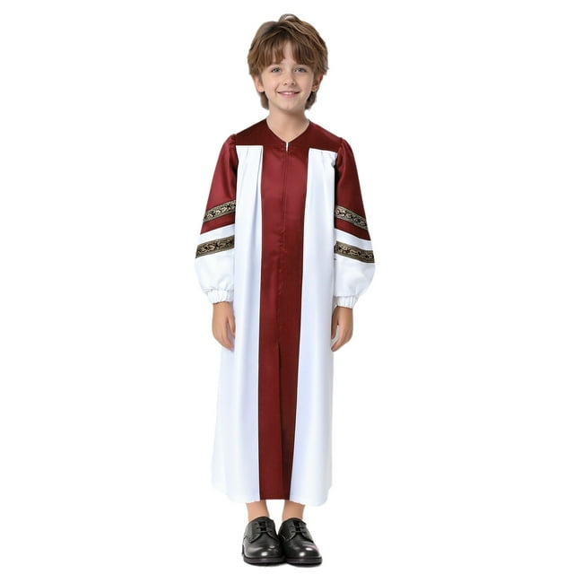 Moggemol Boys Graduation Gown Praise Dance Dress Color Block Long Sleeve Church Choir Robe Burgundy 10