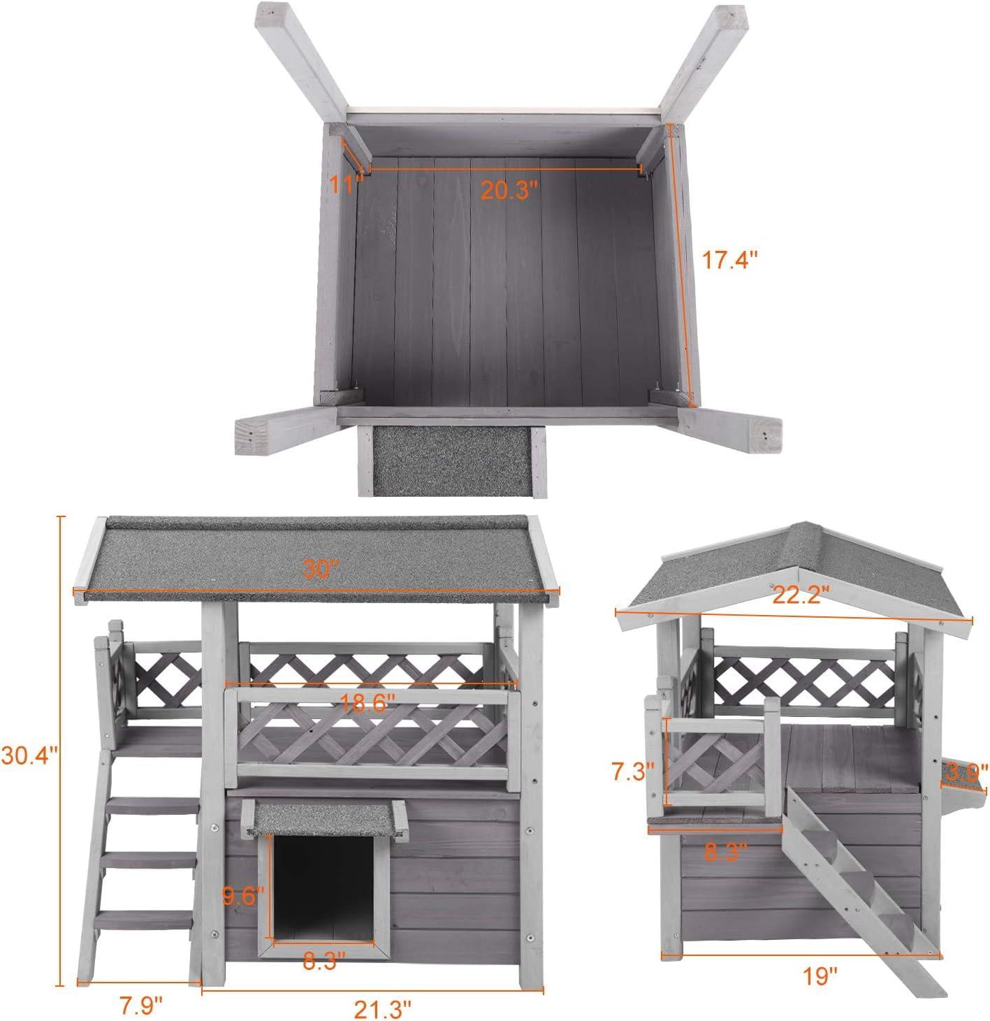 BUTINGLALE Cat House Outdoor Indoor Feral Cat Shelter Wooden Kitty House with Stairs, Balcony＆Weatherproof Roof