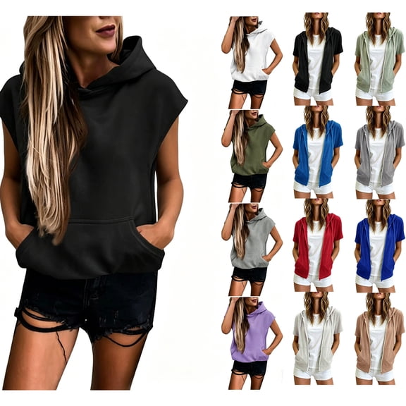 pstuiky Womens Sweatshirt, Women Sleeveless Hoodie Solid Color Crewneck Hoodie Slim Fit Fashion Clothes Women's Hoodies with Pockets