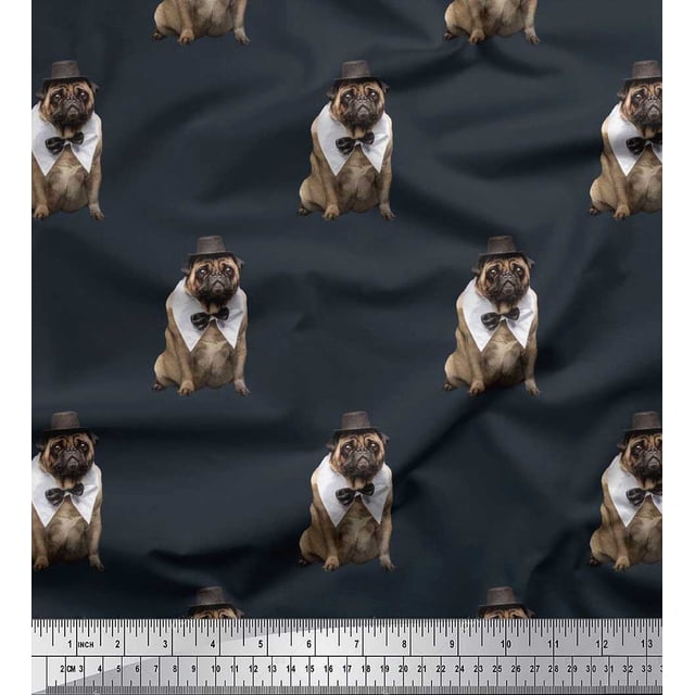 Soimoi Rayon Fabric Bow,Hat & Pug Dog Print Sewing Fabric Yard 56 Inch Wide