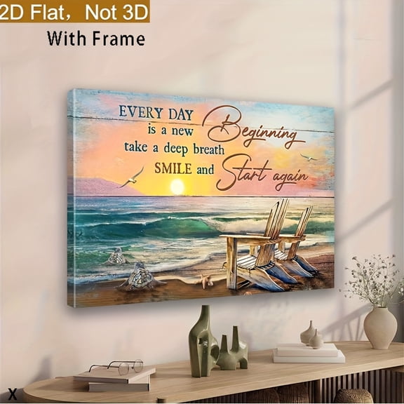 2D Flat, 1pc Inspirational Beach Wall Art Canvas Print with Wooden Frame - "Every Day is a New Beginning" Quote, Serene Ocean & Chair Scene, High-Gloss Finish, Reusable Canvas, Ready to Hang,