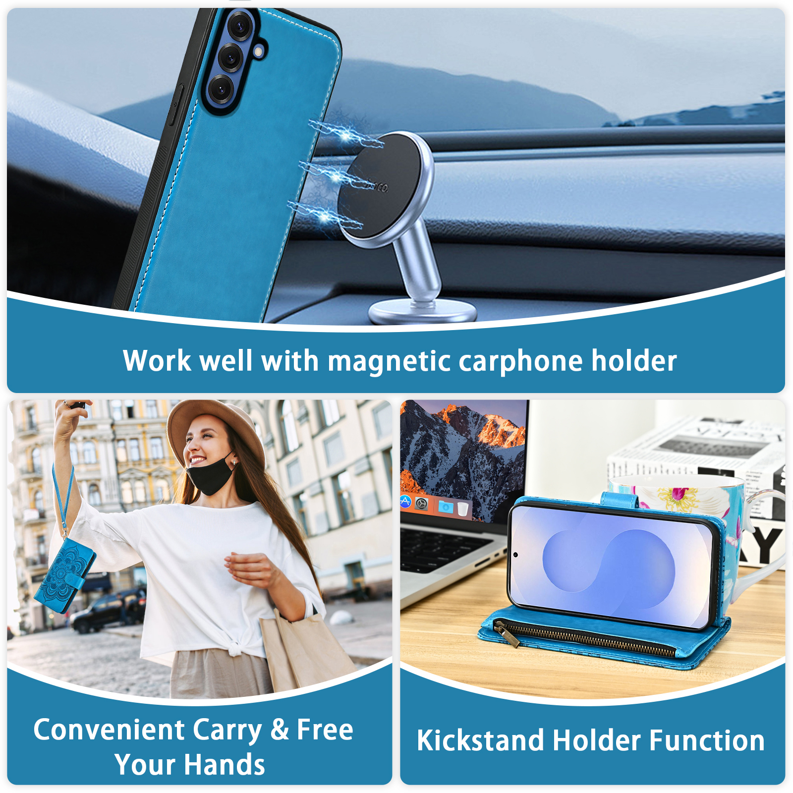Asuwish Phone Case for Samsung Galaxy S25 5G Zipper Wallet Magnetic Detachable Cell Cover with Tempered Glass Screen Protector Crossbody Strap Flower Card Holder Slot S 25 25S G5 Women Girls Blue