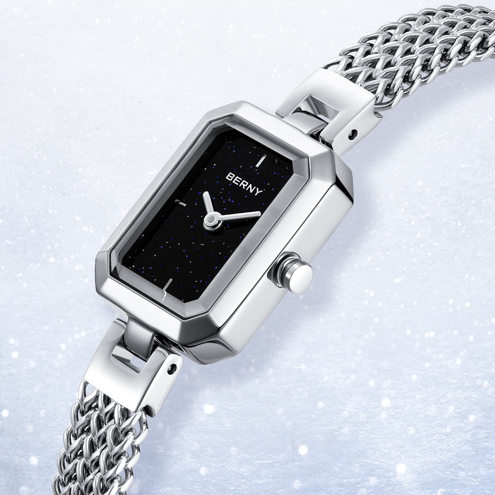 BERNY Small Silver Watches for Women, Dainty Minimalist Quartz Watch with Square Dial, Bracelet Band, Waterproof Watch Mother's Day Gift for Women (Black)