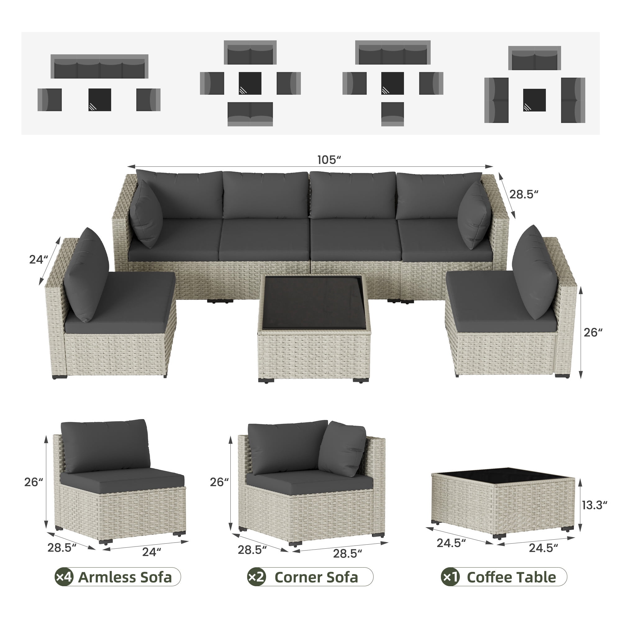 7 Pieces Patio Conversation Set, Outdoor Sectional PE Rattan Wicker Furniture Seat,Dark Gray