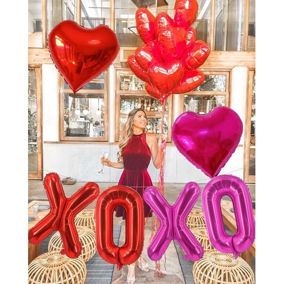 Red XO Pink XO Heart Balloons, 6 Pcs Letters Balloons Heart Valentine's Day Balloons Banner for Wedding Ceremonies Party Decorations