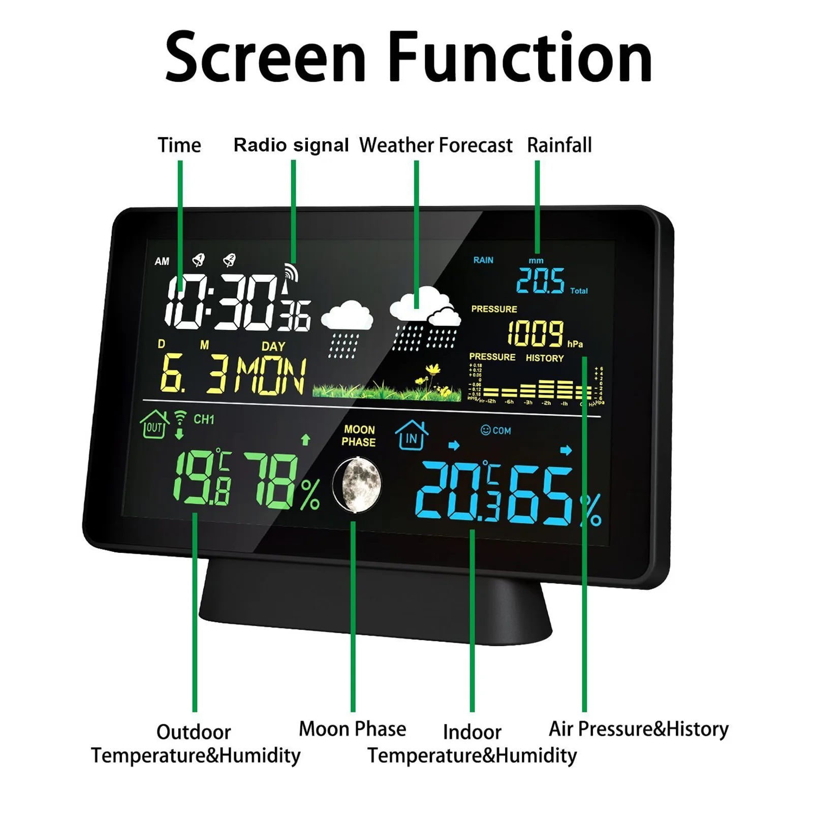 Indoor/Outdoor Wireless Weather Station Thermometer Time Date Radio Signal Air Pressure Moon Phase Rain Gauge Weather Forecast