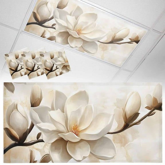 Ceiling Light Cover for Classroom, White Vintage Magnolia Flowers Magnetic Fluorescent Light Covers Filter for School,Office, 2X4  FT, Pack of 3, Rustic Floral Botanical