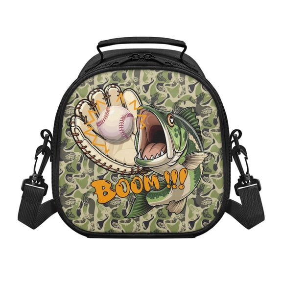 Pzuqiu Reusable Thermal Lunch Bag for School Travel, Premium Fabric Portable Child Lunch Box Bag, Camo Shark Theme