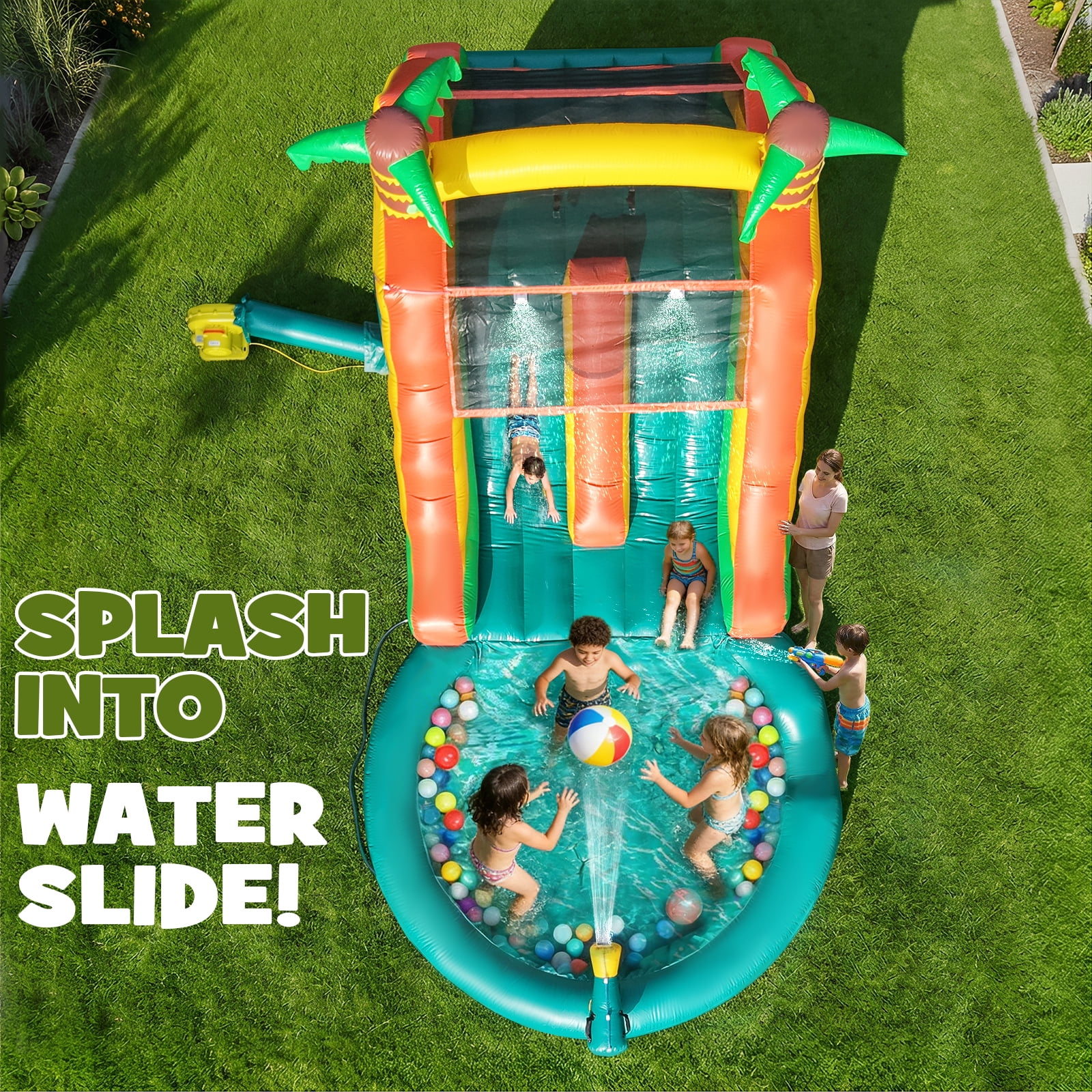 STICCIO 23ft Inflatable Water Slide with Blower, Double Lane Climbing Wall Water Cannon Deep Splash Pool, for Kids & Adults, Palm Tree Green