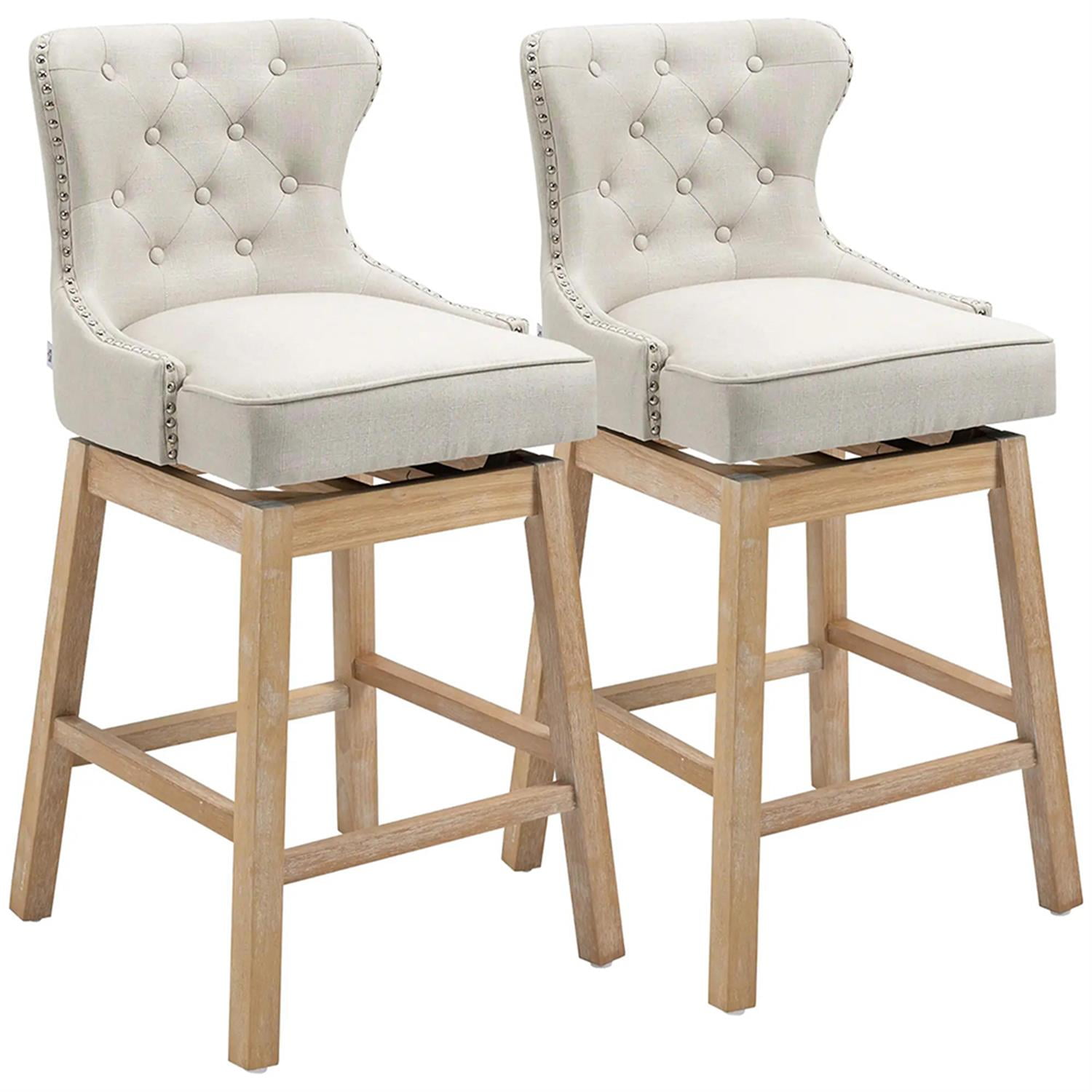 Demi Bonn Modern Memory Swivel Bar Stool Set of 2, Cushioned Bar 30" Seat Height Stool with Tufted Back, Nailhead-Trim and Solid Wood Legs, White