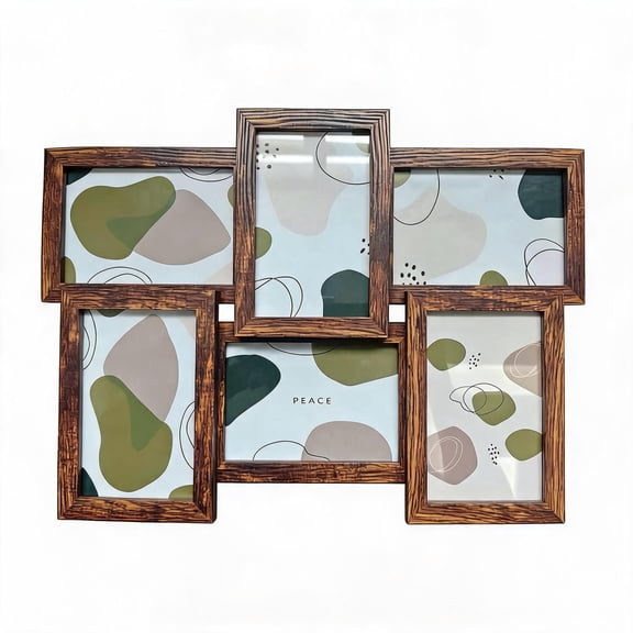 6 Panel Staggered Integrated Wooden Collage Photo Frame Gallery Wall Hanging Decor, Holds 4x6 Inch Family Travel Pictures, Rustic Brown