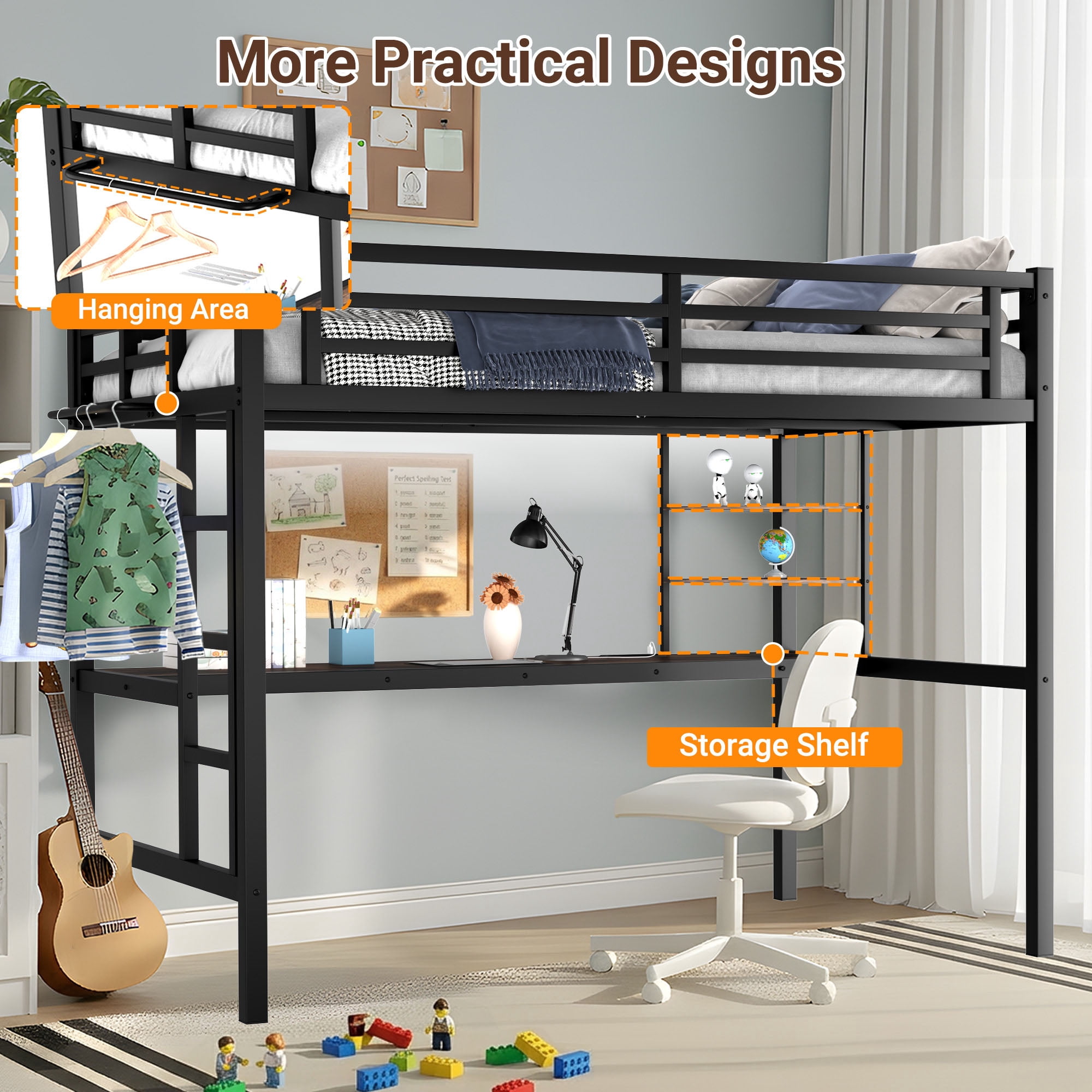 Miniyam Twin Size Loft Bed with Desk and Storage Shelves, Metal Loft Bed with Charging Station and LED Lights