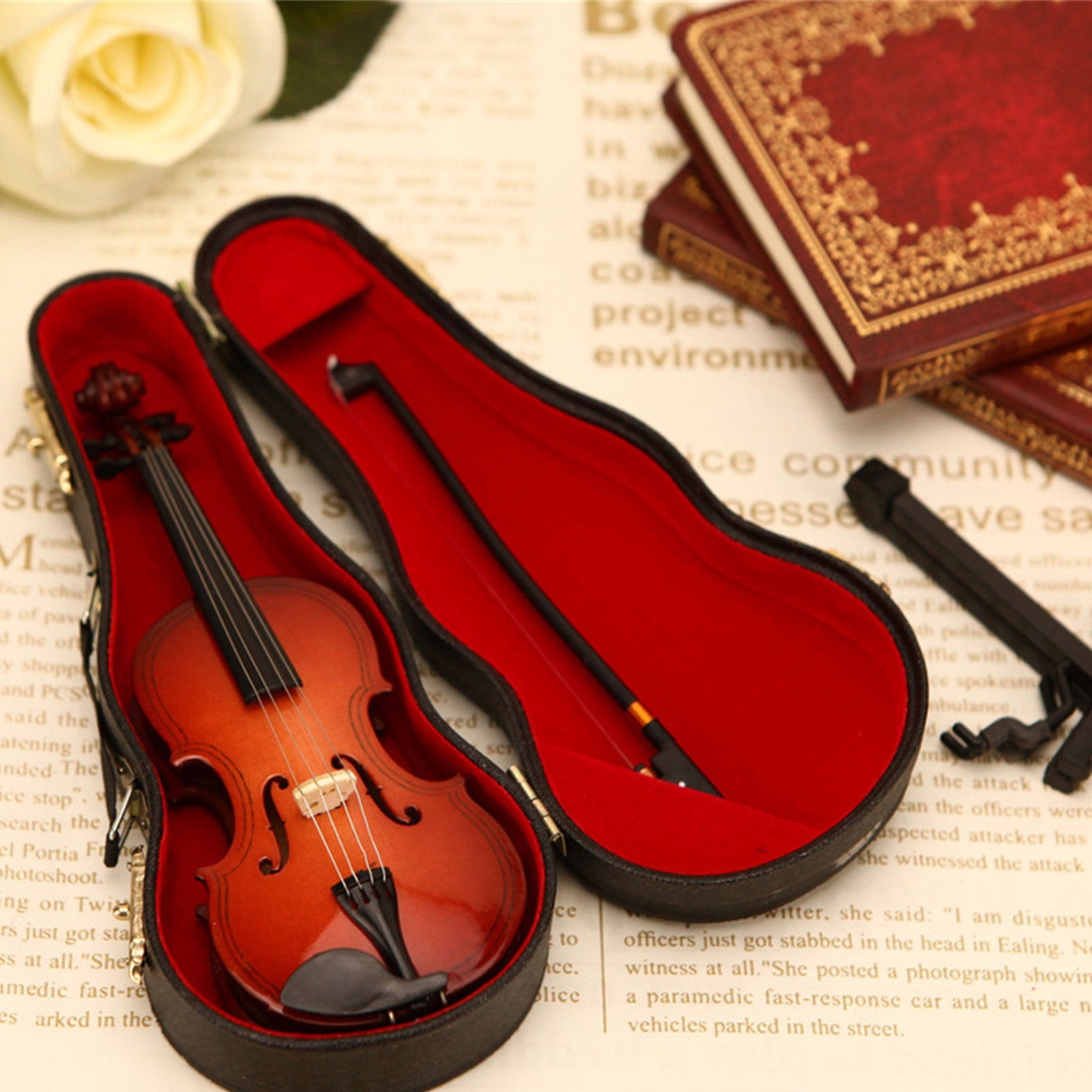 Handcrafted Wooden Violin Model with Stand & Case Accessory, Collectible Music Decor