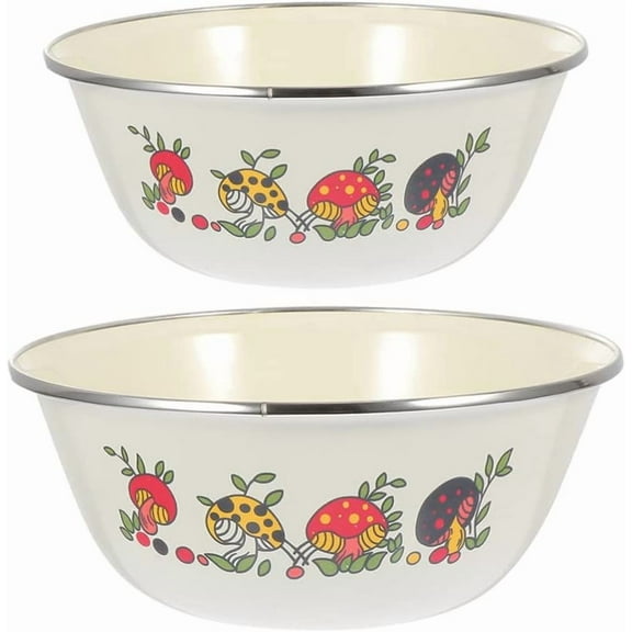 ABCISI Set of 2 Enamel Mixing Bowls, 16cm & 18cm Mushroom Design, Non-Covered Storage Bowls for Salad, Soup, and Ramen, Classic Round Enamelware for Kitchen Use