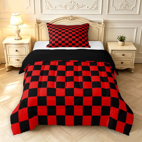 Manfei Classic Plaid Twin Comforter Sets,Vintage Check Bedding Set,Red White,Black Reversible,2pcs,1 Comforter and 1 Pillowcase,2pcs,1 Comforter and 1 Pillowcase