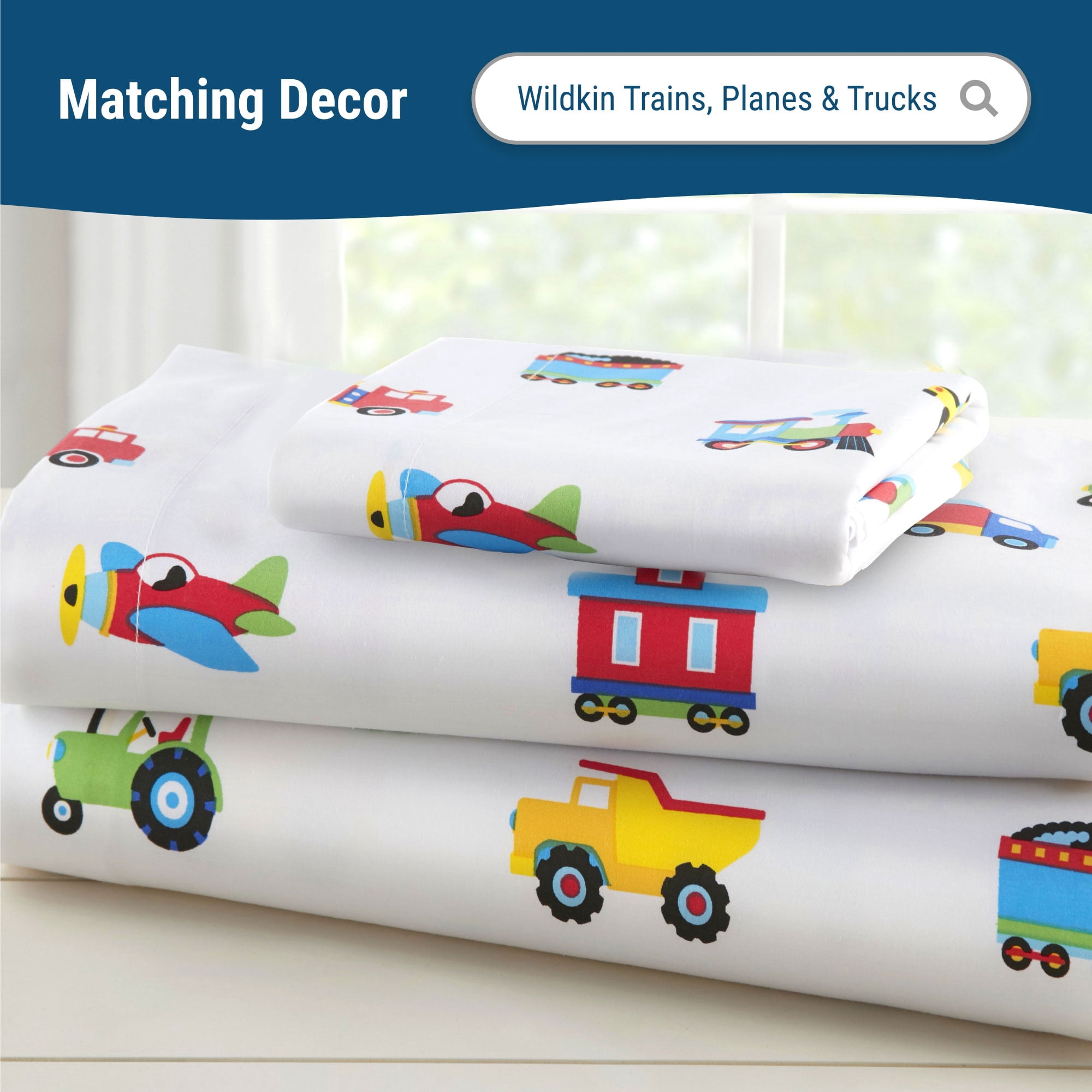 Wildkin Kids 100% Cotton Fitted Crib Sheet for Boys and Girls (Trains, Planes & Trucks Blue)