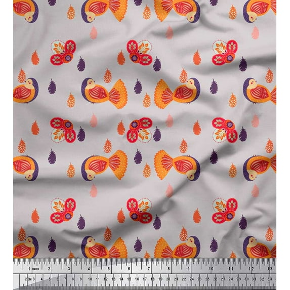 Soimoi Poly Crepe Fabric Leaves & Bird Kids Printed Fabric 1 Yard 42 Inch Wide