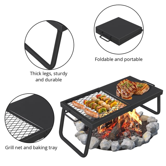 Kojooin Gril de Feu de Camp Robuste Pivotant à 360°, Grille de Cuisson en Acier à Hauteur Réglable avec Sac de Transport pour le Camping