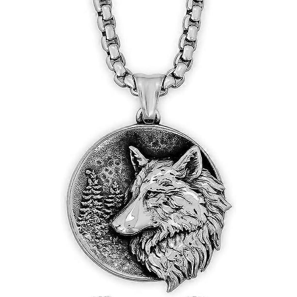 Wolf Necklace, Round Wolf Medallion Pendant, Faux Leather Cord, Wolf Jewelry Gift for Men