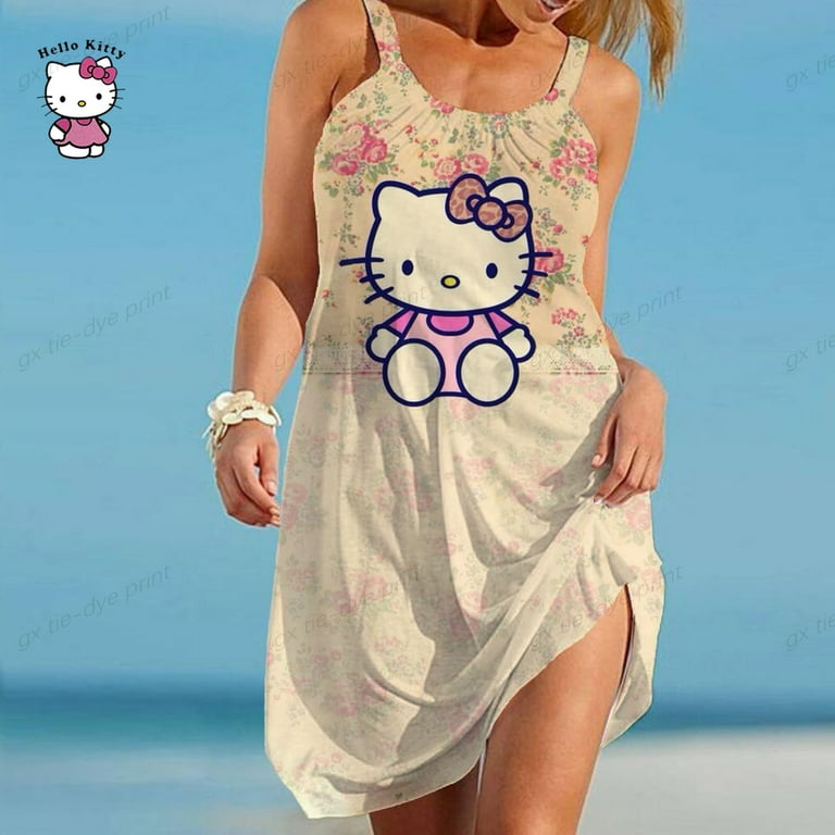 2023 New Hello Kitty Sexy Beach Skirt 3D Print Cartoon Women s Sleeveless Dress Hawaiian Vintage Beach Skirt Girls slip dress tzw