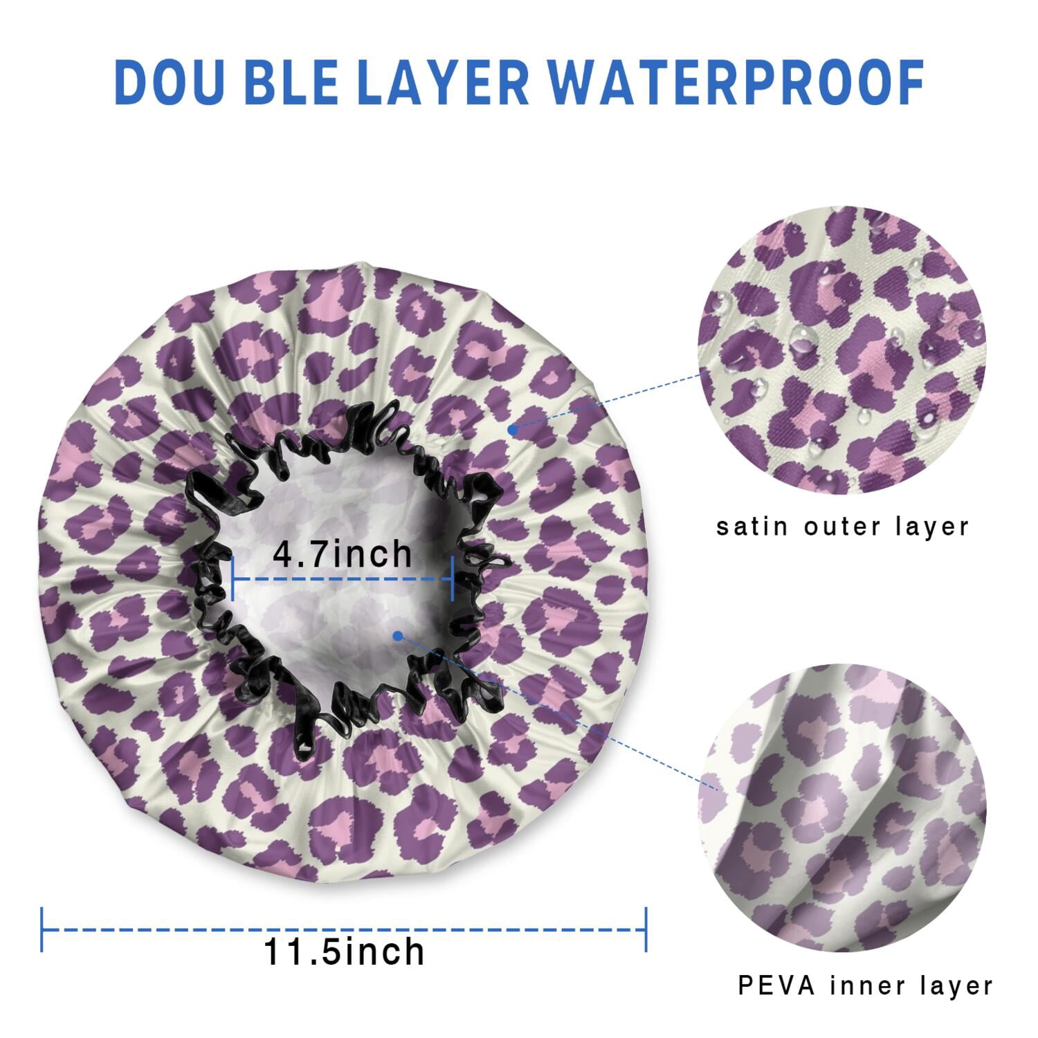Shower Caps,Light Green and Purple Of Leopard Print Waterproof Shower Cap for Women 4 Pieces,Double Reusable Hair Cover for Shower PEVA Elastic Stretch Hem