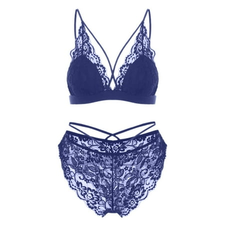 Fall Savings USSUMA Lingerie for Women  Women Sexy Passion No Steel Crisscross Strappy Plus Size Lace Bra Set of the Week Blue XXXL