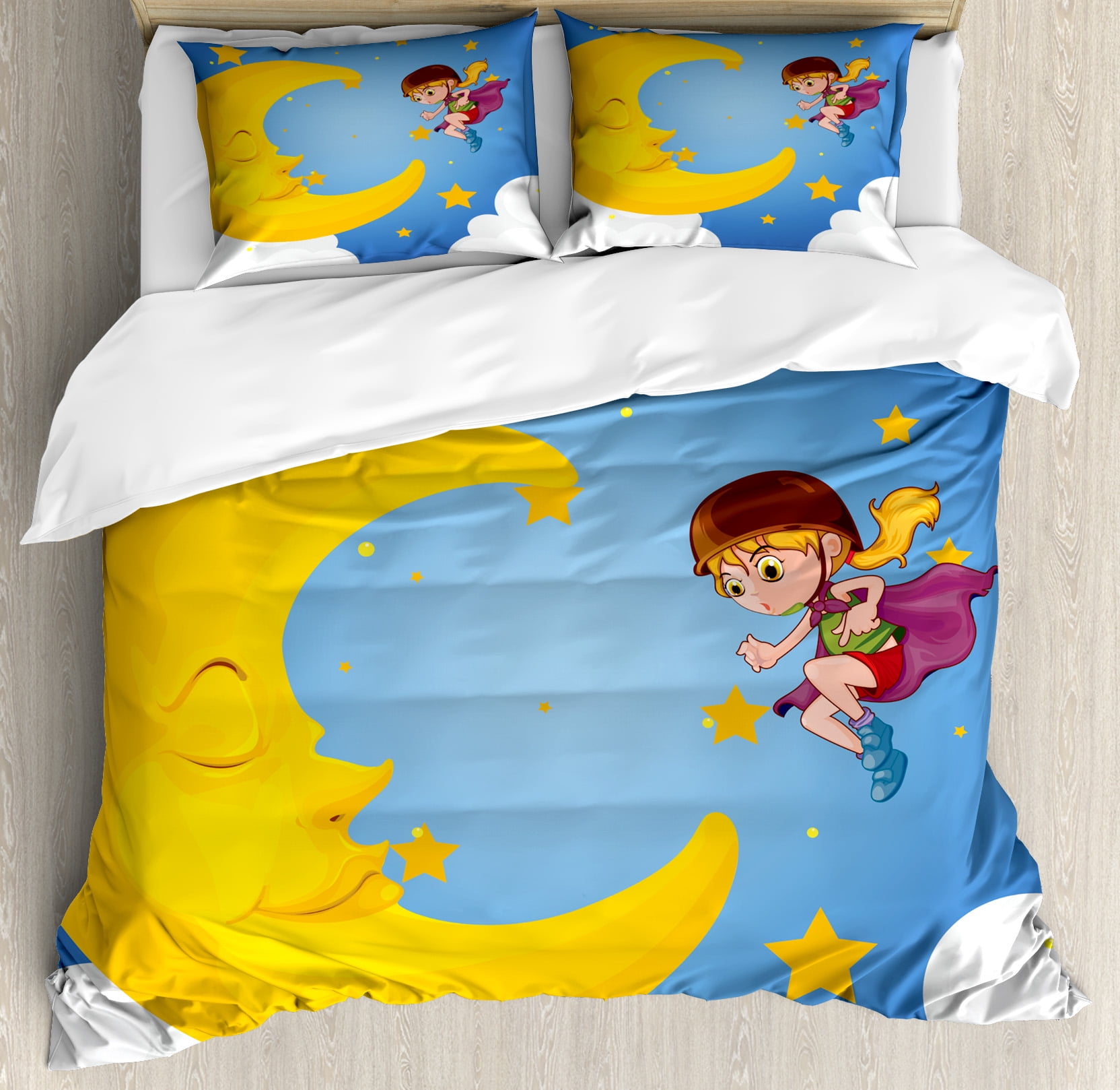 Explore King Size Duvet Cover Set Cartoon Girl In A Cape Near The Sleeping Crescent Moon Superhero Theme Night Sky Decorative 3 Piece Bedding