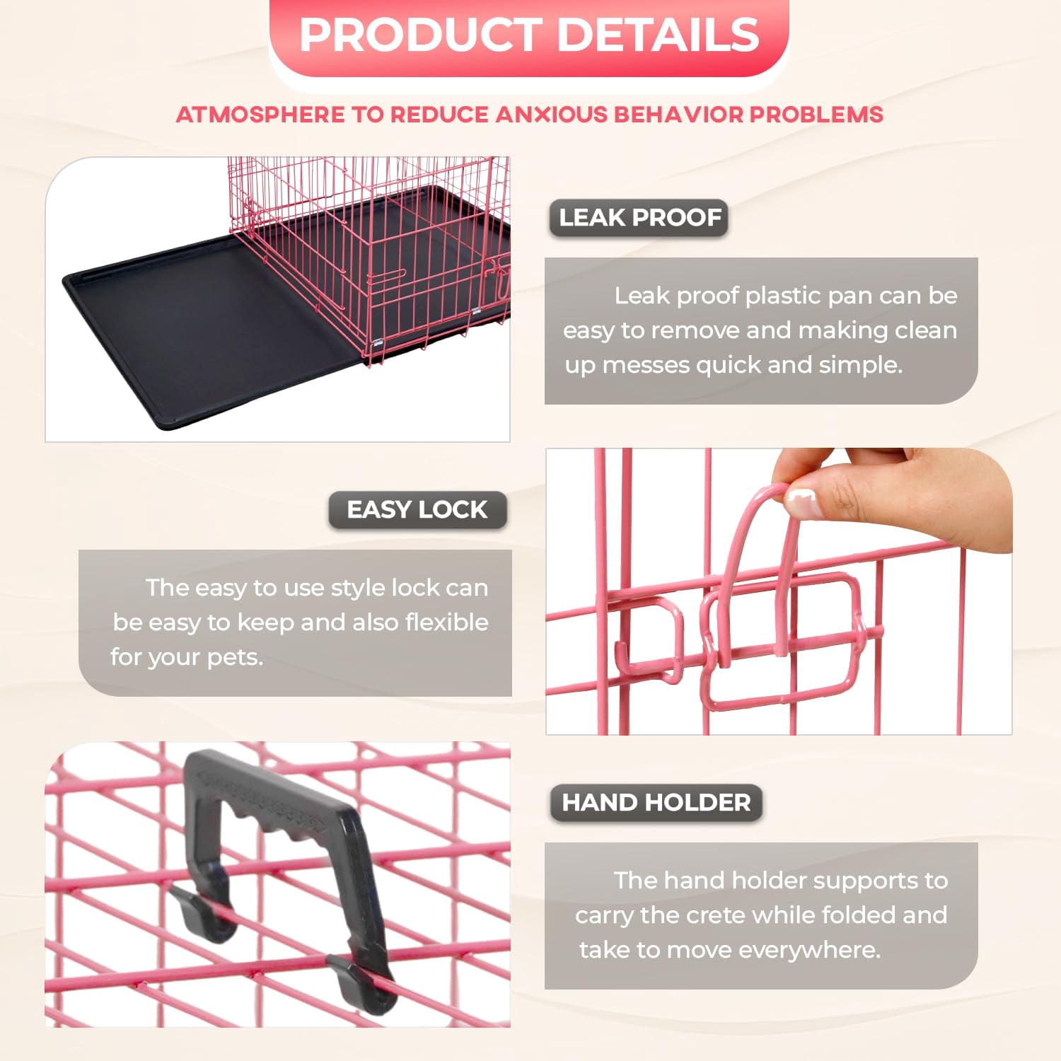 42 Inches Large Dog Crate with Divider Panel, Double Door Folding Metal Wire Dog Cage with Plastic Leak-Proof Pan Tray, Pet Kennel for Indoor, Outdoor, Travel, Pink