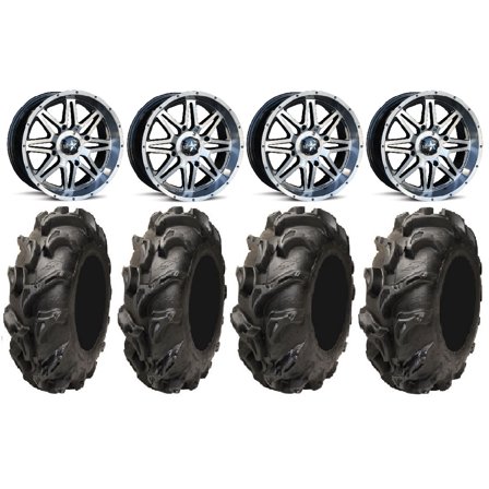 MSA Dark Tint Vibe 14" UTV Wheels 27" Mega Mayhem Tires Can-Am Maverick X3 / Honda Pioneer 1000 / Talon