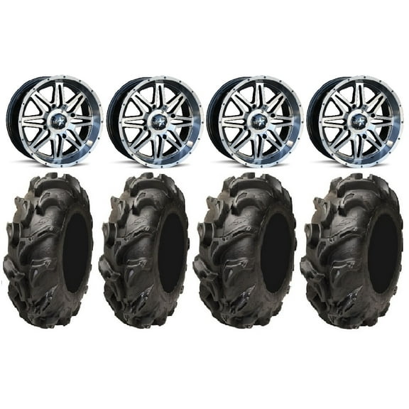 MSA Dark Tint Vibe 14" UTV Wheels 27" Mega Mayhem Tires Can-Am Maverick X3 / Honda Pioneer 1000 / Talon