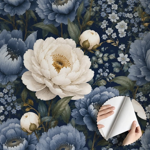Vintage Blue Peony Floral Wallpaper Modern Botanical Peel and Stick Wallpaper Waterproof Wall Decoration for Living Room Bedroom Kitchen Cabinet Drawer 17.7 * 78.5 in Size.