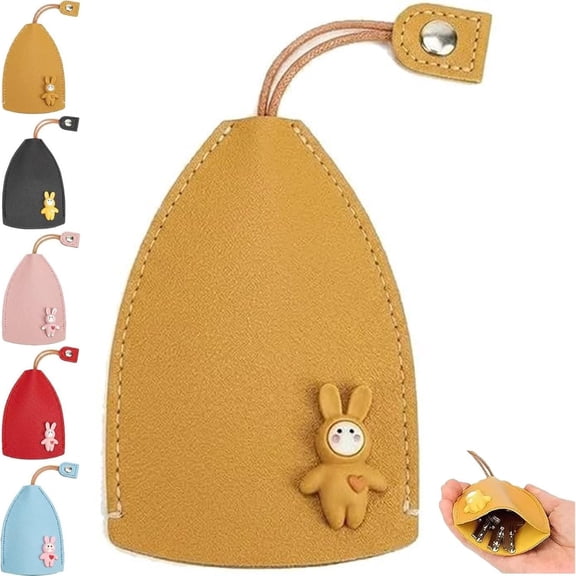 Cute Cartoon Pull-Out Key Case, 2026 New PU Leather Key Holder with Rabbit Pattern & Wax Rope Snap-Fastener Car Key Case Cover