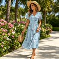 thumbnail image 4 of Beach Dresses for Women Short Sleeve Wrap V-Neck Hight Waist Sundress Casual Knee Length A-Line Dress, 4 of 7