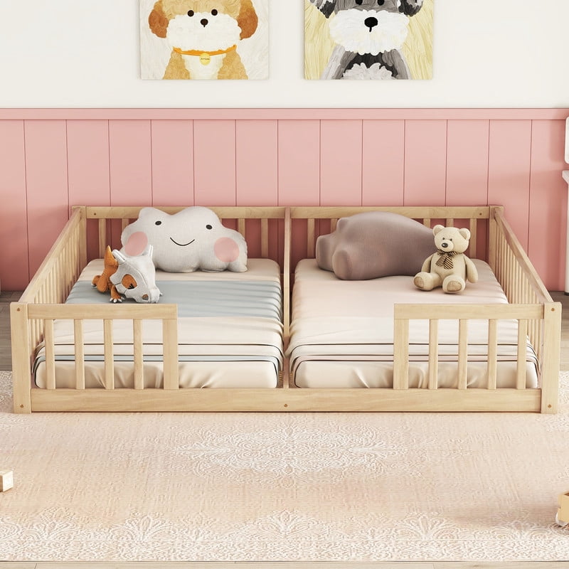 Mirightone Montessori Double Floor Bed for 2, Wood Twin Size Floor bed Frame with Guardrails for Sibling (Natuarl)