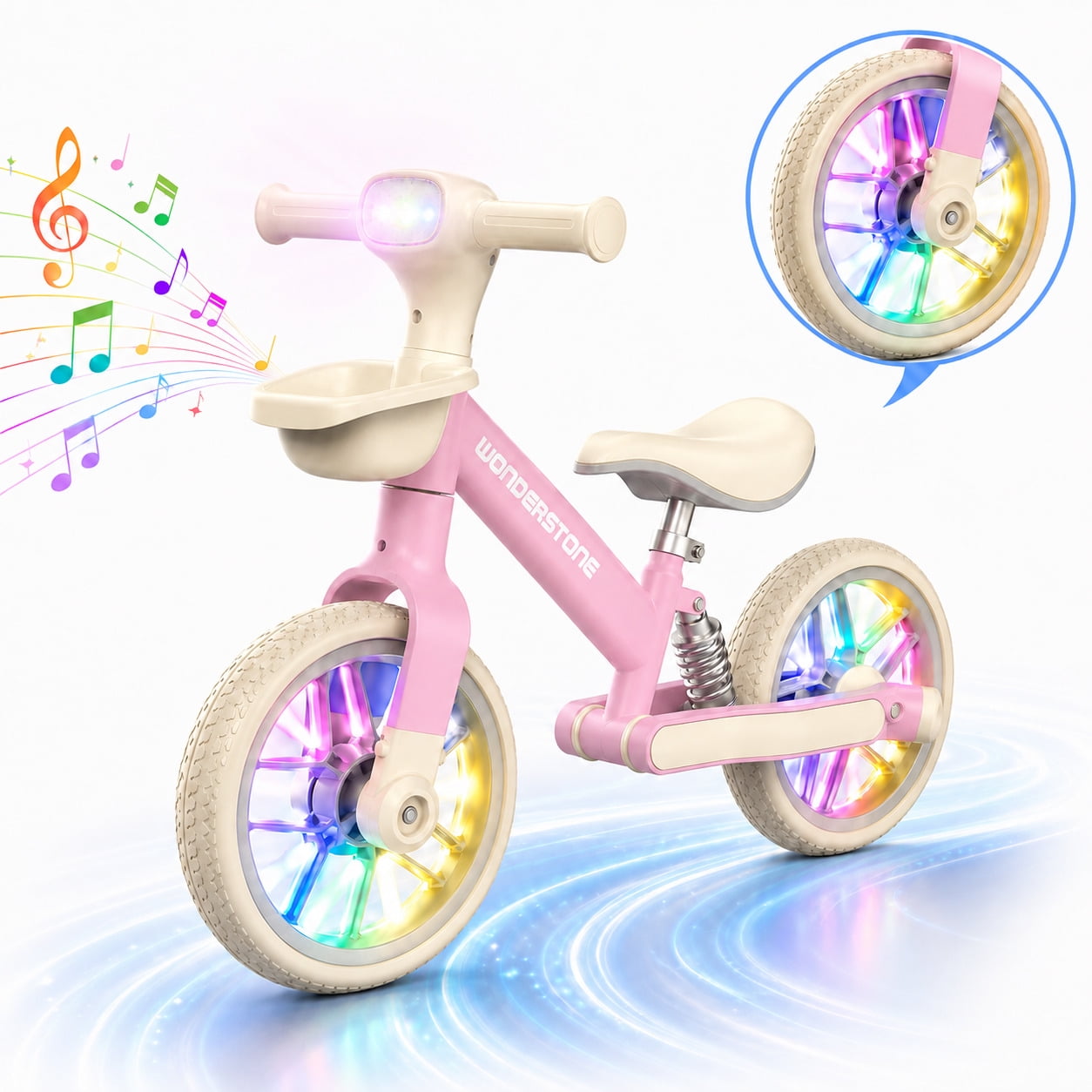 Wonderstone 10 Balance Bike for Kids with Colorful Lights/Music Adjustable Seat Ride-On Toy with 2 Silent Wheels Outdoor Toddler Training Bike for Boys and Girls Aged 2&ndash;6 Pink