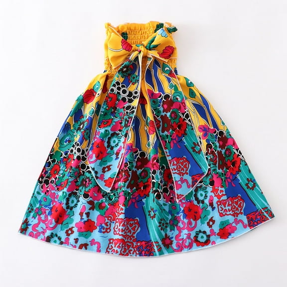 Spazoro Little & Big Girls Princess Dress, 2025 New Style Floral Print Crew Neck Sleeveless Summer Dresses for Child Girls Yellow Size 4 T