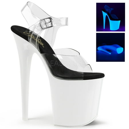 Image of 8 Heel 4 PF Ankle Strap Sandal W/Neon UV Reactive BTM - Clr/Neon Wht 7