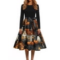 thumbnail image 4 of Women's Halloween Dress Bone 1950s Long Sleeve Classic Dresses Ghost Hepburn Crew Neck Casual Tea Length Dress with Belt XL, 4 of 5